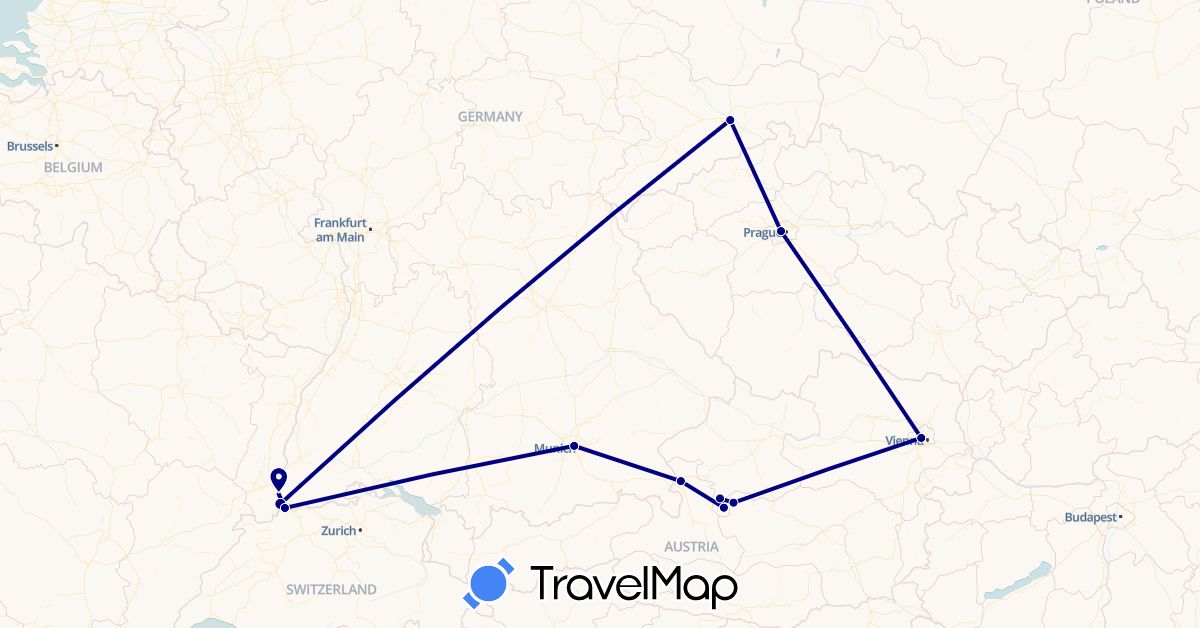 TravelMap itinerary: driving in Austria, Switzerland, Czech Republic, Germany, France (Europe)